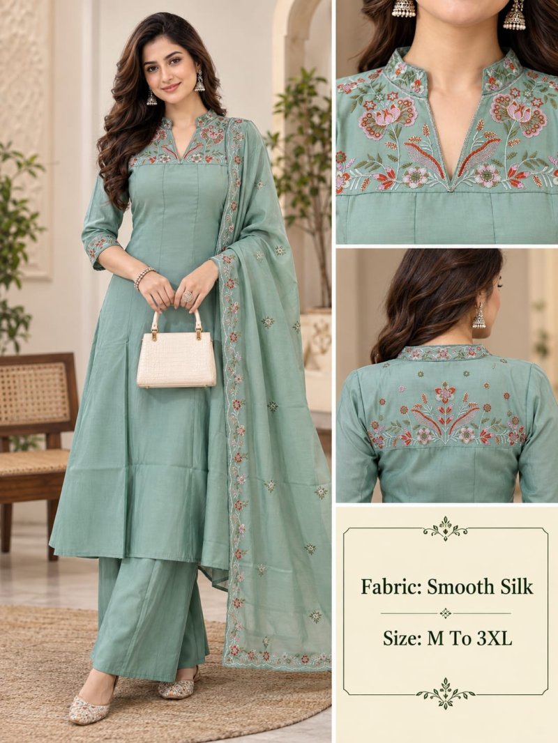 Ff Soft Silk Thread Work Kurti With Bottom Dupatta